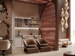 Servicio de Diseño de Interiores de Salón de Uñas de Lujo Estilo Wabi Sabi, Mostrador de Recepción de Travertino a Medida y Mobiliario para Peluquería - Product Image 6