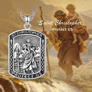 Pendentif rectangulaire Saint Christophe en cuivre plaqué argent lourd, émail noir, collier religieux de bénédiction pour homme - Product Image 5