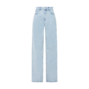 Su misura produzione a vita alta Jeans in Denim colore blu <span class=keywords><strong>donna</strong></span> <span class=keywords><strong>pantaloni</strong></span> in Denim a gamba dritta con strass lucido Jeans - Product Image 3