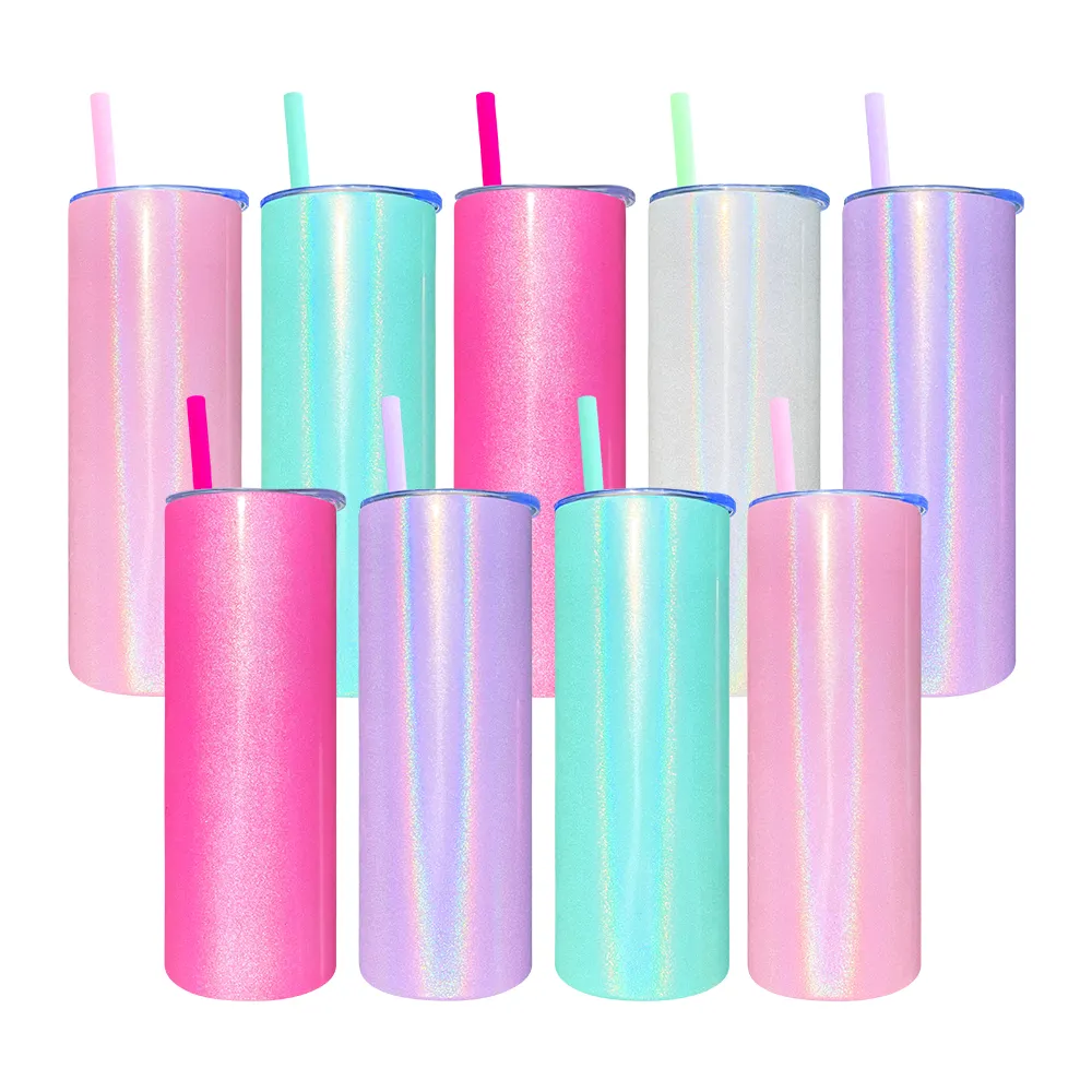 20OZ acciaio inossidabile dritto luccicante Tumbler con paglia di plastica colorata per sublimazione inchiostro trasferimento stampa di calore artigianato