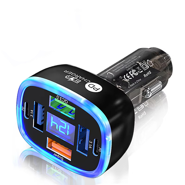 100W 6-in-1 Electric Car Charger 2 Type-C QC3.0 PD Digital Display Laptop Compatible Voltage Detection Multi-port Power Adapter