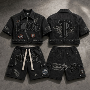 High Quality Custom <strong>Men's</strong> Streetwear Vintage Oversized Boxy Zip up <strong>Patch</strong> Embroidery Shirt and Rhinestone <strong>Shorts</strong> Two Piece Set - Product Image 1