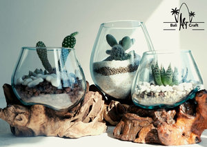 Terrario <span class=keywords><strong>in</strong></span> <span class=keywords><strong>Vetro</strong></span> Soffiato a Mano con Bolle Blu su Legno di Teak Naturale, Decorazione per Interni, Vaso con Supporto, Kit per Terrari - Product Image 2