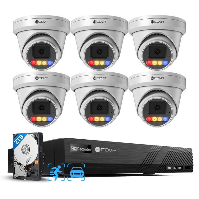 4COVR 6Pcs 5Mp Ultra HD PoE Wired Cctv Camera System NVR 8 Channel AI TiOC Red Blue Warning Light Alarm Sound App Remote View