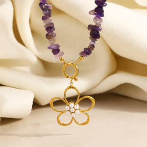 Collier en acier inoxydable avec pendentif fleur en perle, perles en pierre naturelle, plaqué or 18 carats, style vacances à la plage, printemps été - Product Image 2