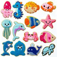 Nuevos parches termoadhesivos de chenilla bordados con animales marinos (tiburón, cangrejo, pez, estrella) para manualidades, bolsos, sombreros y ropa
