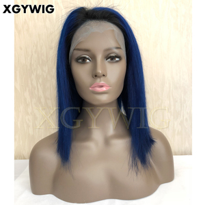 Stock Ombre Two Tone Color 100% Virgin Brazilian Human Hair T1B/<strong>Blue</strong> 12" Black Roots BOB Straight Full Lace Dark <strong>Blue</strong> <strong>Wig</strong> - Product Image 3