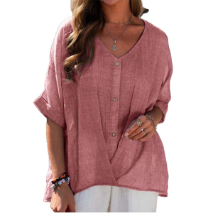 Women <b>Linen</b> V-neck Short Sleeve Blouse Solid Color Button Loose Fit Casual <b>Top</b> Spring Summer Breathable Woven Fabric - Product Image 1