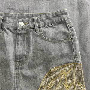 Haute qualité personnalisé Y2k Streetwear en détresse longueur au genou Denim Shorts <span class=keywords><strong>jean</strong></span> coton Vintage lavage à l'acide broderie Baggy Jorts hommes - Product Image 4