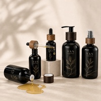 YAN Packaging - Juego de Botellas de Vidrio Violeta/Negro de Lujo de 30 ml y 60 ml con Gotero/Bomba y Tapa de Madera Natural para Suero Corporal