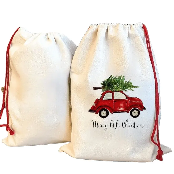 Wholesale Christmas Gifts Sack Bags 100% polyester canvas blank sublimation Santa bag with Red drawstring for Christmas