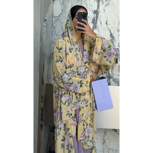 Vestido Maxi Holgado y Elegante LEDUO con Hiyab, Estampado Amarillo, Chifón, Abaya, Kimono - Product Image 1