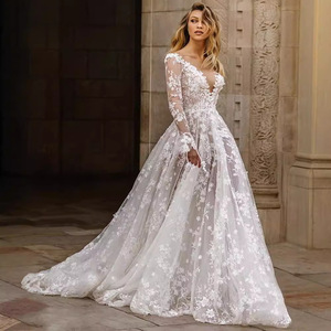 Wedding Dress Ball Gown V-neck Long Sleeve Floral Embroidered Lace White Natural Waistline JM323 - Product Image 4