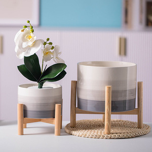 <span class=keywords><strong>Macetas</strong></span> de cerámica para jardín, maceta redonda para flores, maceta simple de porcelana con soporte de madera para sala de estar, estudio, dormitorio - Product Image 3