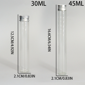 <span class=keywords><strong>Tube</strong></span> en <span class=keywords><strong>verre</strong></span> transparent 45ML avec bouchon à vis grande bouteille mince couvercle en aluminium argenté sérigraphie disponible pour le stockage de test - Product Image 4
