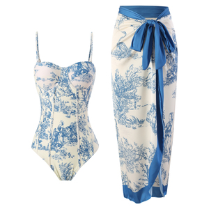 Manufacturer Custom New Sexy Print <strong>3</strong> <strong>Piece</strong> Bikini Beachwear With Sarong Cover up Ruffle Swimsuit Women Bandeau <strong>Swimwear</strong> - Product Image 1