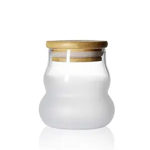 Tarro de vidrio de borosilicato de forma única, bote de sal de vidrio pequeño de 200ml con tapas de bambú para nueces, especias, dulces