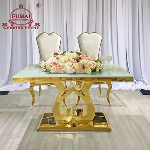 Foshan Manufacturer Sales Golden Metal Glass Sweetheart Table