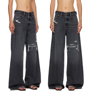 Vaqueros anchos de mezclilla gris desgastado para mujer, de tiro bajo, con rotos y pierna recta, estilo baggy - Product Image 6