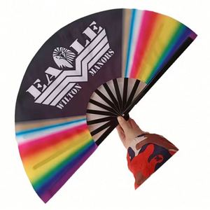 Custom Printed Rainbow Large Bamboo Rave Clack <b>Hand</b> Fan Bulk Festivals Pride Folding Shade Fabric Clap Foldable KUNG FU Fan - Product Image 3