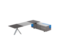 Bureau de direction moderne avec armoire de rangement latérale intégrée, base en métal en forme de X et accents en verre bleu pour espace de travail