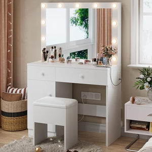 Grande coiffeuse blanche à 2 tiroirs avec miroir LED <span class=keywords><strong>et</strong></span> tabouret, <span class=keywords><strong>table</strong></span> de maquillage pour filles <span class=keywords><strong>et</strong></span> femmes - Product Image 3