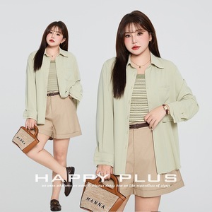 Ensemble chemise Oxford vert menthe pour femme Runqi, tenue décontractée trois pièces respirante à manches longues, haut rayé vert haricot grande taille - Product Image 2