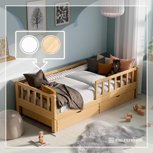 Children's <strong>Bed</strong> with Fall Protection Natural - Toddler Youth <strong>Bed</strong> Solid Wood <strong>Pine</strong> <strong>Bed</strong> <strong>Frame</strong> with Slatted <strong>Frame</strong> - Product Image 1