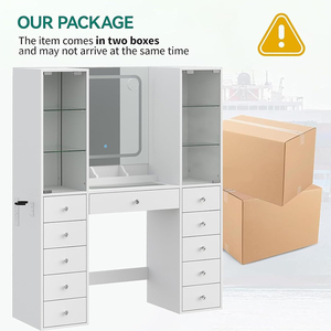 Coiffeuse compacte moderne avec miroir LED, lumières réglables, 10 tiroirs de rangement pour l'organisation de petites chambres, en bois - Product Image 3