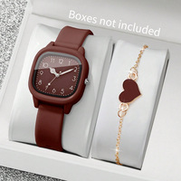 Conjunto de Reloj de Moda para Mujer con Correa de Cuero, Caja de Aleación y Brazalete con Forma de Corazón, Casual, para Uso Diario, Regalo para Estudiantes