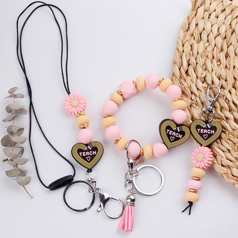 Bohemian Daisy Bead Keychain Badge Holder Cute Flower Silicone Key Ring Lanyard With Clip for Teachers Students Gift Idea Image 5