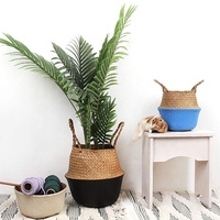 Panier de rangement pour linge tissé à la main en jacinthe d'eau et jonc de mer, naturel, pliable, avec poignée, pour plantes suspendues