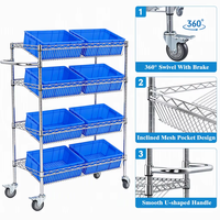 Chariot de rangement pour entrepôt à 4 niveaux, étagère en fil chromé sur roulettes, unité d'étagérage industrielle pour atelier et entrepôt