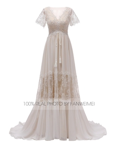 Vestido <span class=keywords><strong>de</strong></span> <span class=keywords><strong>novia</strong></span> <span class=keywords><strong>de</strong></span> manga corta con cuello <span class=keywords><strong>de</strong></span> pico profundo, vestido <span class=keywords><strong>de</strong></span> <span class=keywords><strong>novia</strong></span> <span class=keywords><strong>de</strong></span> encaje con línea A, bohemio, cola <span class=keywords><strong>de</strong></span> barrido <span class=keywords><strong>de</strong></span> <span class=keywords><strong>playa</strong></span>, pueblo, Espalda descubierta, cuentas, n. ° 1295 - Product Image 4