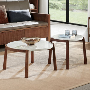 Set di 2 Tavolini da <span class=keywords><strong>Caffè</strong></span> in Pietra di Quarzo con Gambe in Legno di Rosa Massiccio, Tavolino Rotondo Laterale per Divano, Tavolino Basso per <span class=keywords><strong>Angolo</strong></span> del Soggiorno - Product Image 1