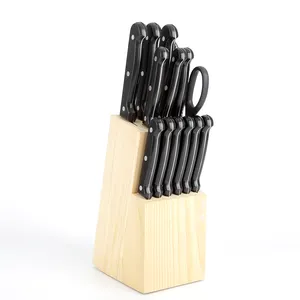 Ensemble de couteaux de cuisine en acier inoxydable de 14 pièces avec bloc en bois de pin pour la cuisine culinaire à domicile