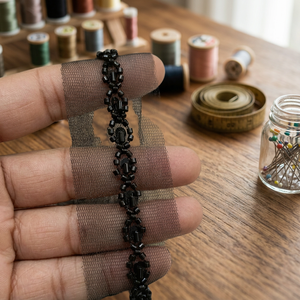 Handmade Black Floral Beaded Rhinestone Pearl Lace <b>Trim</b> for Apparel - Product Image 2