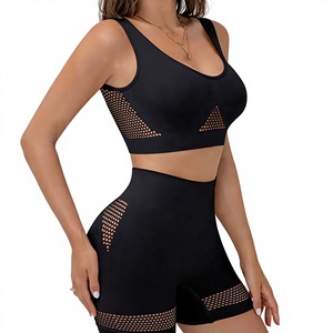 Black Two Piece Yoga Set Scoop Neck Racerback Sports Bra High Waist Shorts <b>Mesh</b> Cut-Out Breathable Seamless Workout Wear Women - Product Image 1