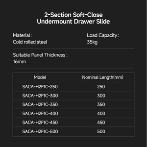 Glissières de tiroir à fermeture amortie <span class=keywords><strong>SACA</strong></span> à 2 sections, capacité 35 kg, en acier laminé à froid pour armoires - Product Image 6