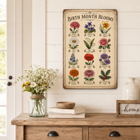 Plaque en métal vintage avec fleurs du mois de naissance, art mural botanique, tableau floral des 12 mois, plaque en fer, décoration intérieure, cadeau