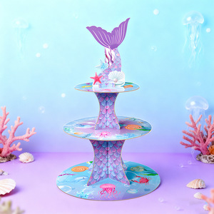 Mermaid Tail Three Tier Paper Cake Stand Round Reusable Birthday Party Dessert <b>Display</b> Decor - Product Image 1