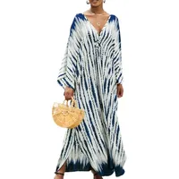 Gaun Kaftan Ukuran Besar V-Neck Pakaian Renang Wanita Cover Up Tie Dye Lengan Kelelawar Gaun Mumu Kaftan OEM/Kustom