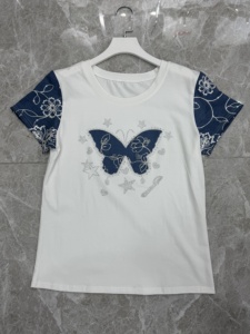 Fabricant OEM ODM, t-shirts pour femmes 100% coton avec manches en denim, coupe ajustée, style <span class=keywords><strong>italien</strong></span> boutique - Product Image 2
