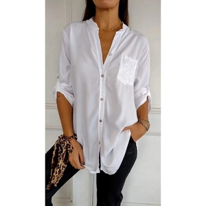 Round Neck Sequin <b>Patchwork</b> Three Quarter Sleeve Women's Solid Color <b>Shirt</b> Blouse Top Fashion - Product Image 2