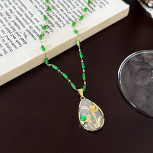 Tulip Teardrop Necklace Gold Green Jade Pendant Women's Clavicle Chain Everyday Wear Fine Jewelry - Product Image 2
