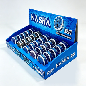 NASHA Nicotine Pouches <b>Display</b> <b>Rack</b> 20-Pack Blue Cardboard 2-Shelf Tiered Shelf Glossy Lamination Modern Style Pre-Assembled - Product Image 3