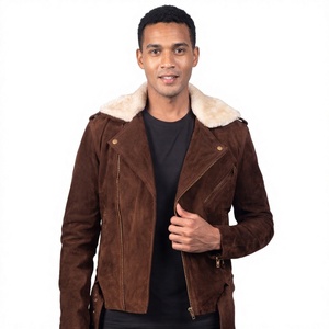 <b>Men's</b> Brown <b>Suede</b> Motorcycle <b>Jacket</b> With Faux Fur Lining Zipper Closure Winter Outerwear Leather Fashion - Product Image 1