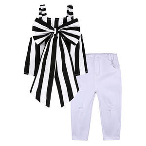 Girls Set Kids <b>Big</b> <b>Bow</b> Tops White Ripped Jeans 2pcs Summer Stripes Ribbon Fashion Pants Children's Clothes - Product Image 1