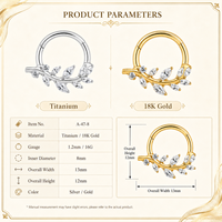 Anneau articulé en titane G23 ASTM F136 de qualité supérieure avec feuille et branche, serti de CZ AAAAA, pour piercing de septum, hélix et cartilage