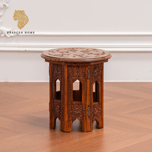 Tavolino Pieghevole in Legno Massello Intagliato a Mano, Tavolino Rotondo Staccabile Stile Boho per Soggiorno, Balcone, Patio - Product Image 6